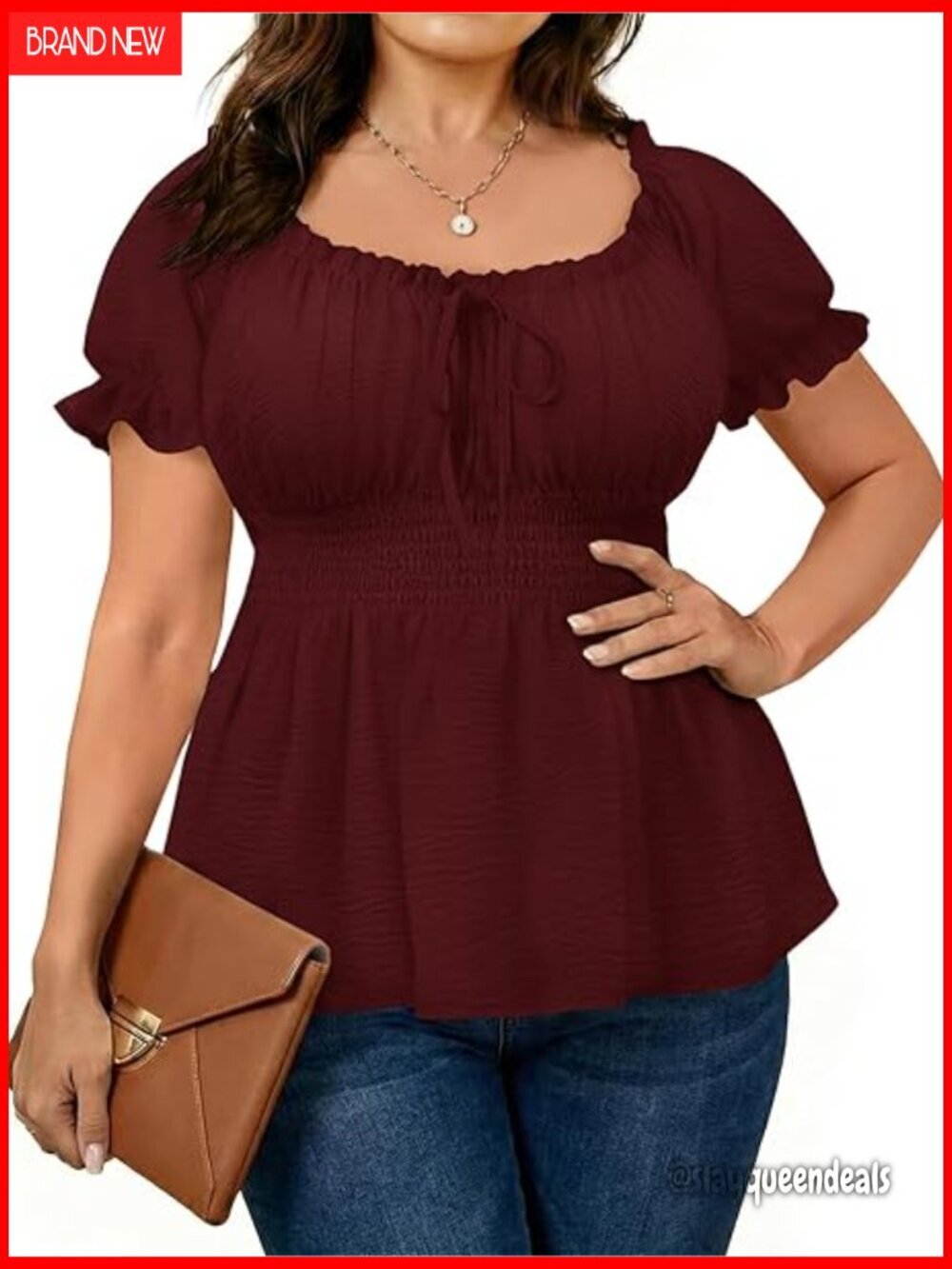 Plus Size Square Neck Puff Sleeve Blouse Smocked Waist Peplum Babydoll Top